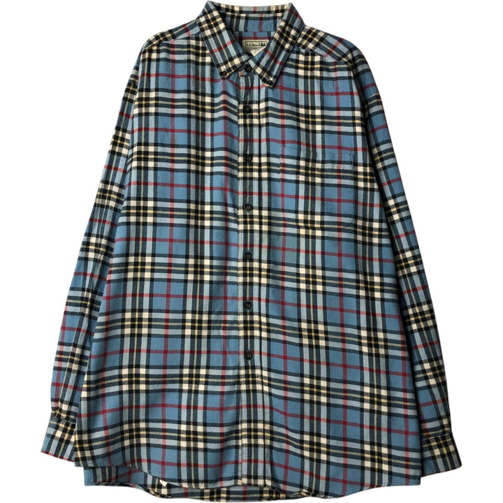 LLBean Tartan Check Long-Sleeve Button-Down Light Flannel Shirt, Men's Size XL (approx.) cotton Blue type light blue Vintage Second Hand