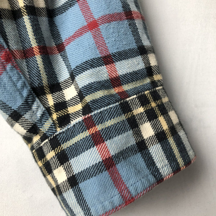 LLBean Tartan Check Long-Sleeve Button-Down Light Flannel Shirt, Men's Size XL (approx.) cotton Blue type light blue Vintage Second Hand