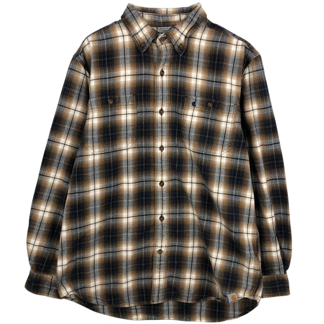 Carhartt Relaxed Fit Ombre Check Long Sleeve Button-Down Flannel Check Shirt, Men's Size L (approx.) cotton beige type brown Vintage Second Hand