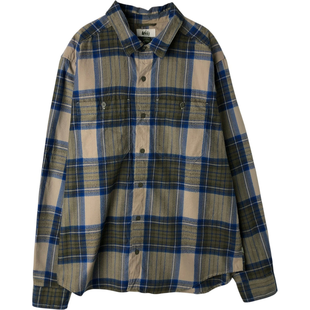 REI Long-Sleeve Flannel Check Shirt, Men's Size L (approx.) polyester Khaki type Vintage Second Hand
