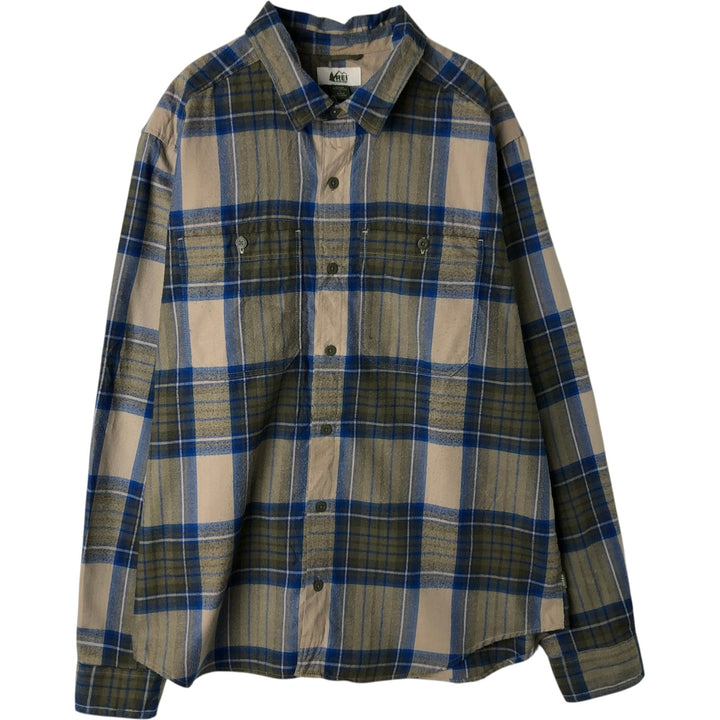 REI Long-Sleeve Flannel Check Shirt, Men's Size L (approx.) polyester Khaki type Vintage Second Hand