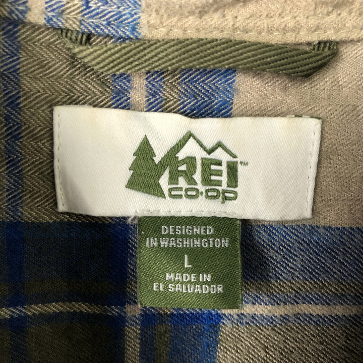 REI Long-Sleeve Flannel Check Shirt, Men's Size L (approx.) polyester Khaki type Vintage Second Hand