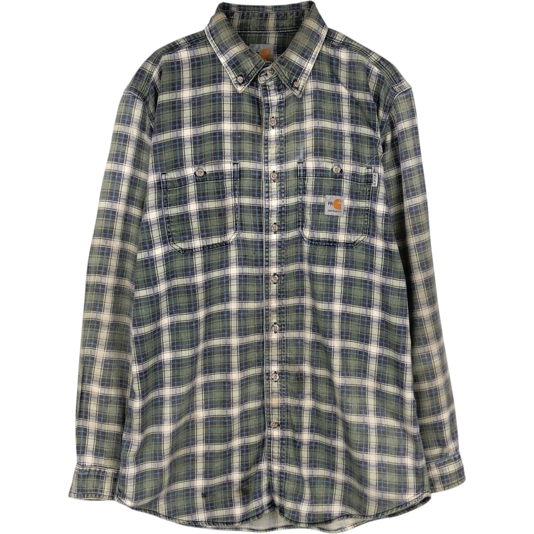 Carhartt FR Series Long-Sleeve Button-Down Light Flannel Check Shirt, Men's Size M (approx.) cotton Khaki type Vintage Second Hand