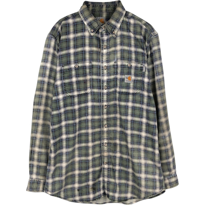 Carhartt FR Series Long-Sleeve Button-Down Light Flannel Check Shirt, Men's Size M (approx.) cotton Khaki type Vintage Second Hand