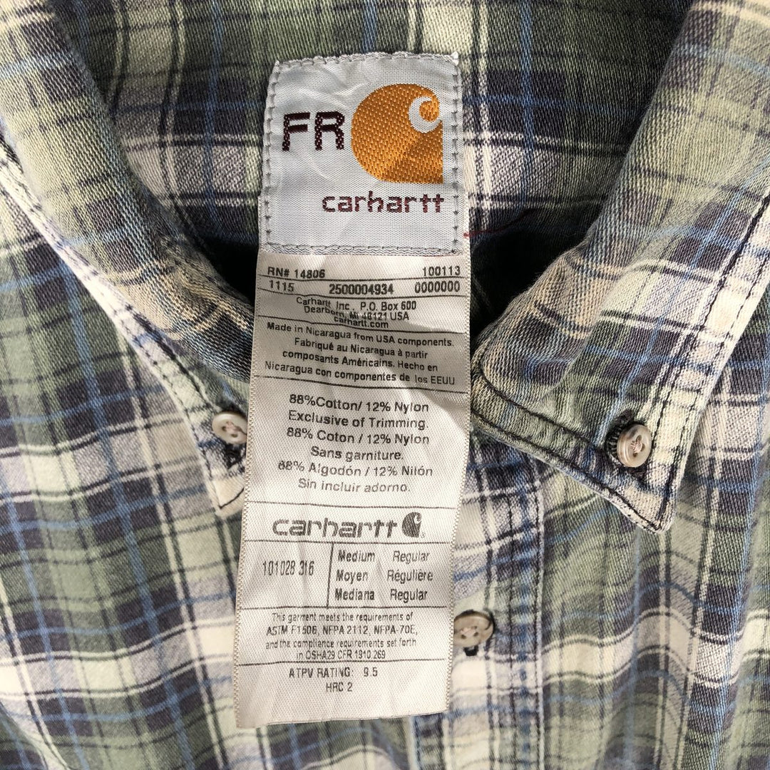 Carhartt FR Series Long-Sleeve Button-Down Light Flannel Check Shirt, Men's Size M (approx.) cotton Khaki type Vintage Second Hand