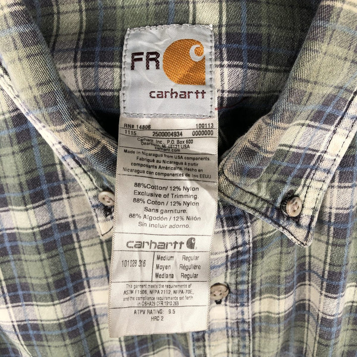 Carhartt FR Series Long-Sleeve Button-Down Light Flannel Check Shirt, Men's Size M (approx.) cotton Khaki type Vintage Second Hand