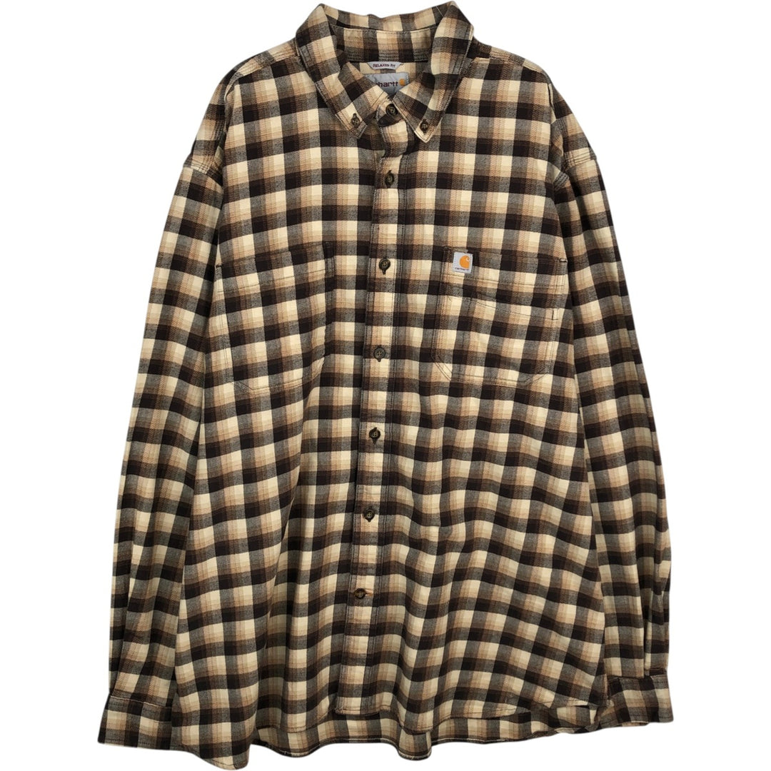 Carhartt Relaxed Fit Long Sleeve Button-Down Light Flannel Check Shirt, Men's Size XL cotton brown type Vintage Second Hand