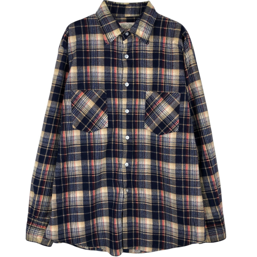 Sears Men's Store Long-Sleeve Flannel Check Shirt, Men's Size L (approx.) cotton navy blue type Vintage Second Hand