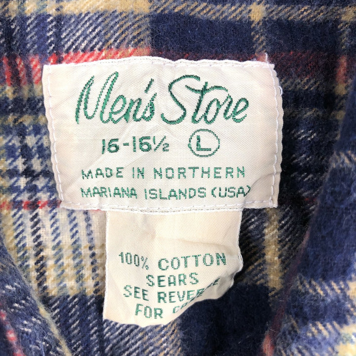 Sears Men's Store Long-Sleeve Flannel Check Shirt, Men's Size L (approx.) cotton navy blue type Vintage Second Hand