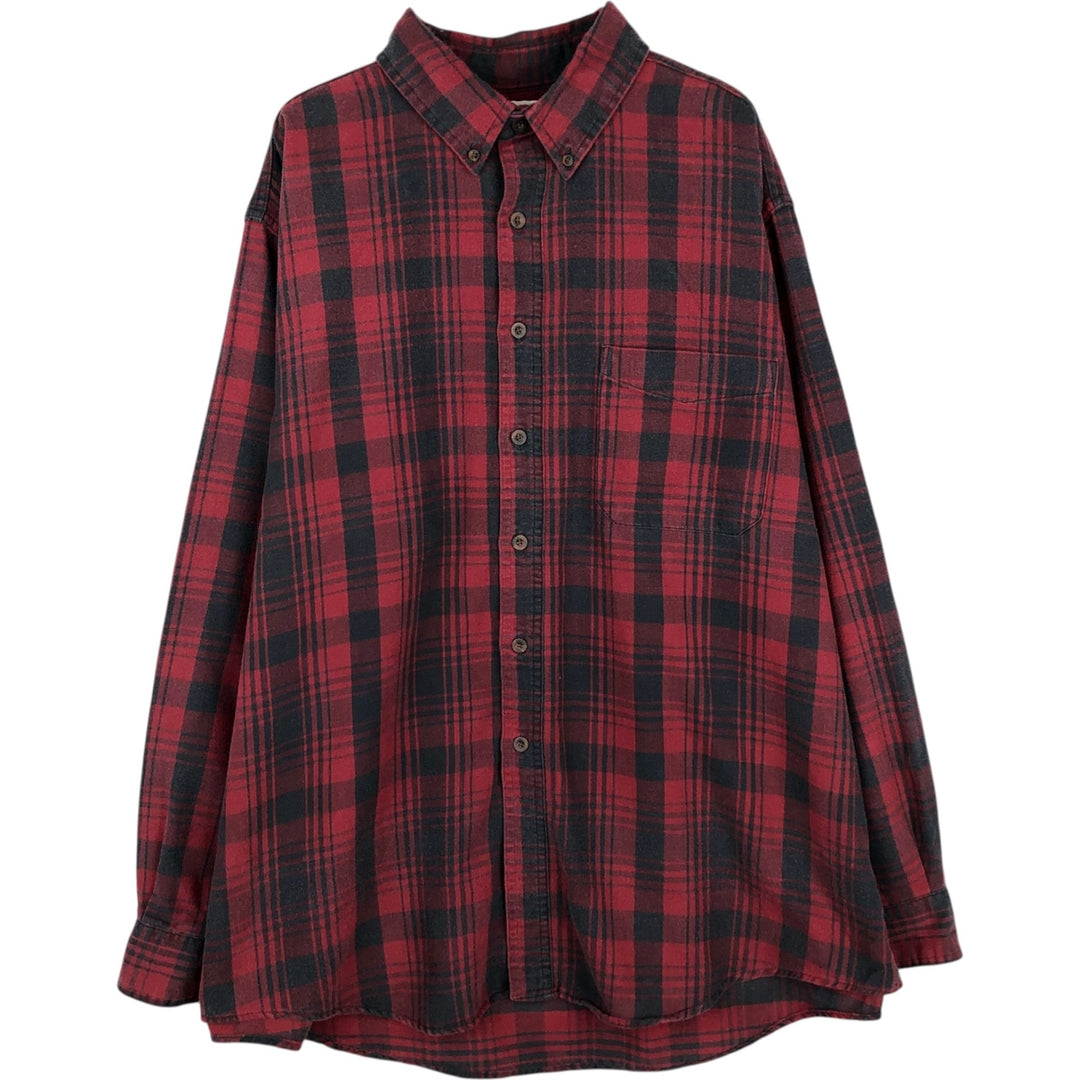 LLBean Long-Sleeve Button-Down Flannel Check Shirt, Made in USA, Men's Size XL (approx.) cotton red type Vintage Second Hand