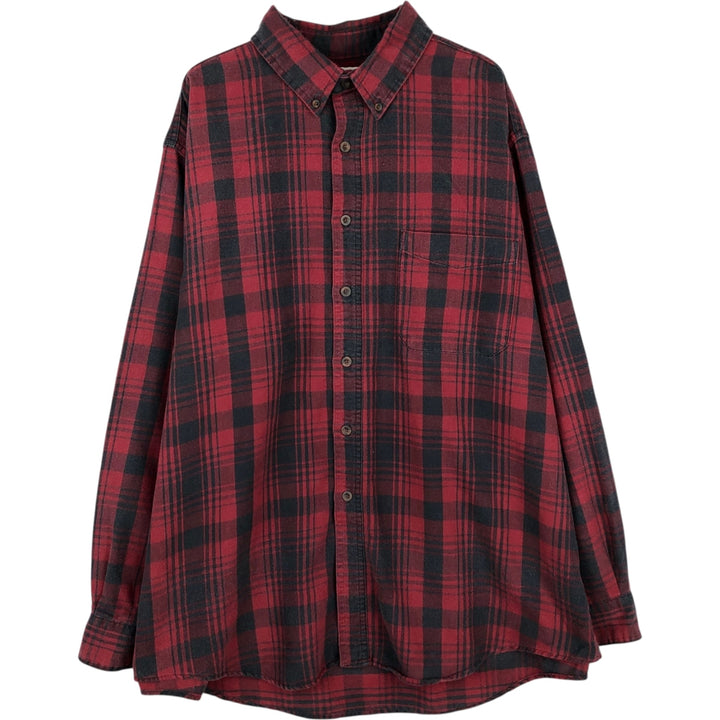 LLBean Long-Sleeve Button-Down Flannel Check Shirt, Made in USA, Men's Size XL (approx.) cotton red type Vintage Second Hand