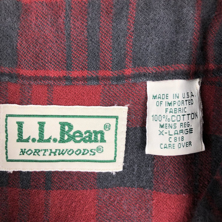 LLBean Long-Sleeve Button-Down Flannel Check Shirt, Made in USA, Men's Size XL (approx.) cotton red type Vintage Second Hand