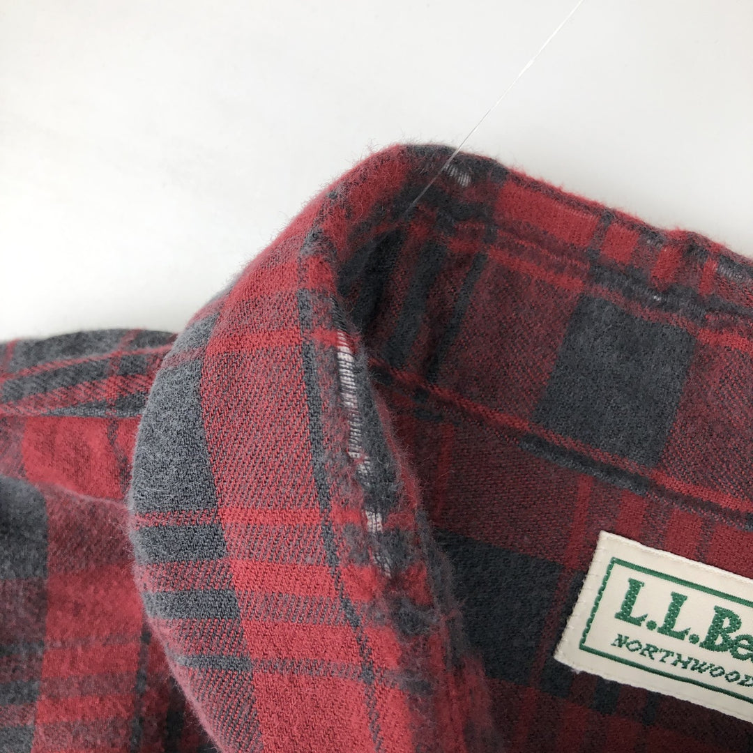 LLBean Long-Sleeve Button-Down Flannel Check Shirt, Made in USA, Men's Size XL (approx.) cotton red type Vintage Second Hand