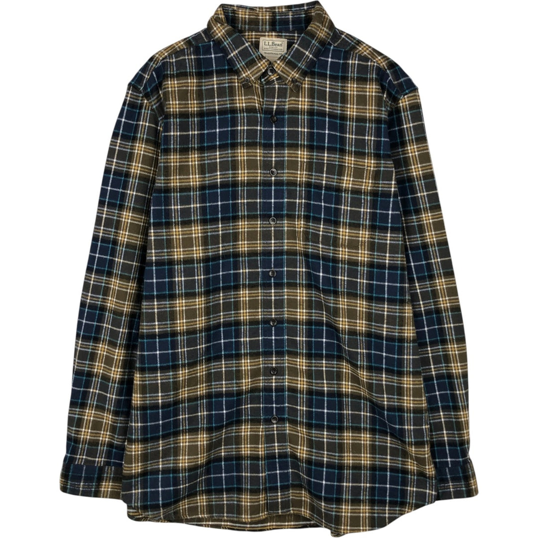 90s-00'S LL Bean Traditional Fit Long Sleeve Button-Down Light Flannel Check Shirt, Men's Size L, Vintage cotton navy blue type Vintage Second Hand