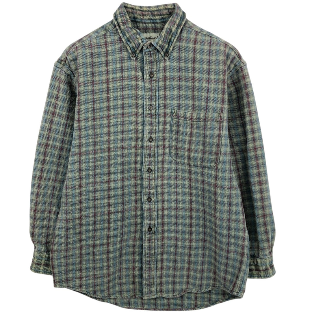Eddie Bauer long-sleeved button-down heavy flannel check shirt, men's size M cotton green type yellow green Vintage Second Hand