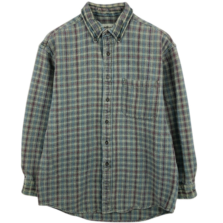Eddie Bauer long-sleeved button-down heavy flannel check shirt, men's size M cotton green type yellow green Vintage Second Hand