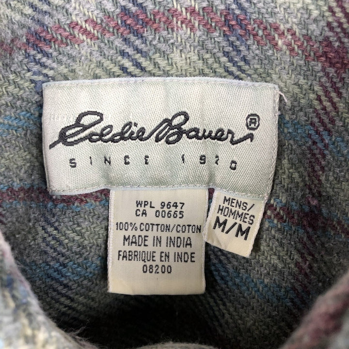 Eddie Bauer long-sleeved button-down heavy flannel check shirt, men's size M cotton green type yellow green Vintage Second Hand