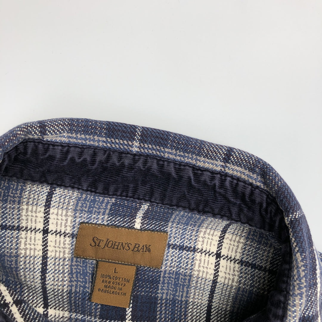 St. John's Bay Long-Sleeve Flannel Check Shirt, Boxy Shirt, Men's Size L (approx.) cotton navy blue type Vintage Second Hand