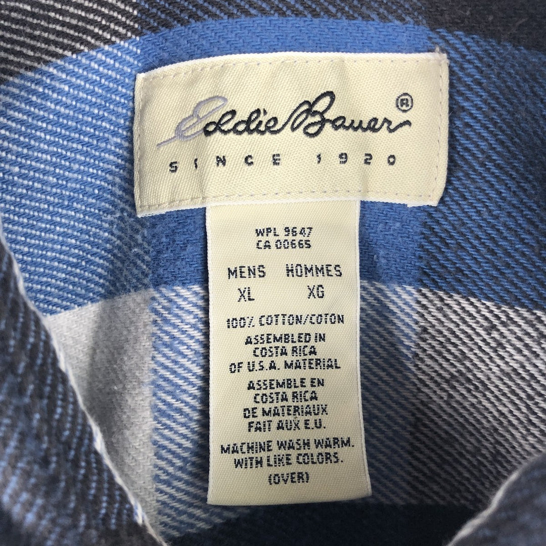 1990'S Eddie Bauer Long-Sleeve Flannel Check Shirt, Men's Size XL (Equivalent), Vintage cotton blue type Vintage Second Hand