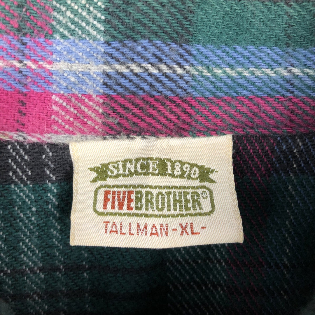 90'S Five Brother Long Sleeve Heavy Flannel Check Shirt Made in USA Men's XL Vintage cotton Green type dark green Vintage Second Hand