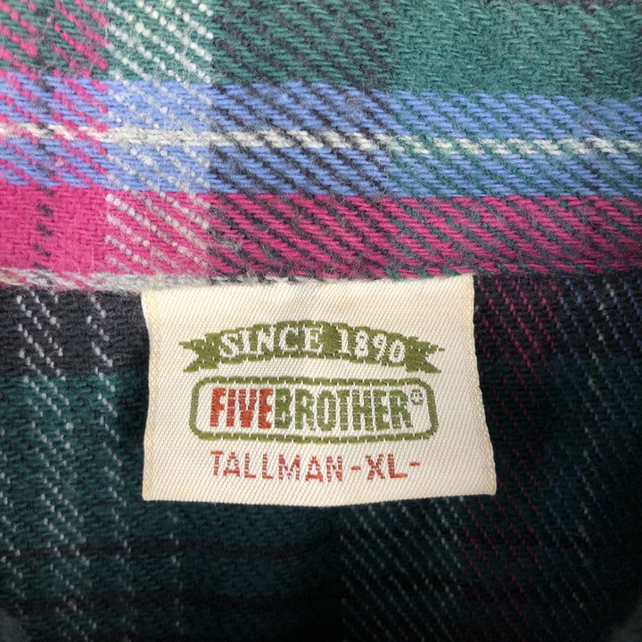 90'S Five Brother Long Sleeve Heavy Flannel Check Shirt Made in USA Men's XL Vintage cotton Green type dark green Vintage Second Hand