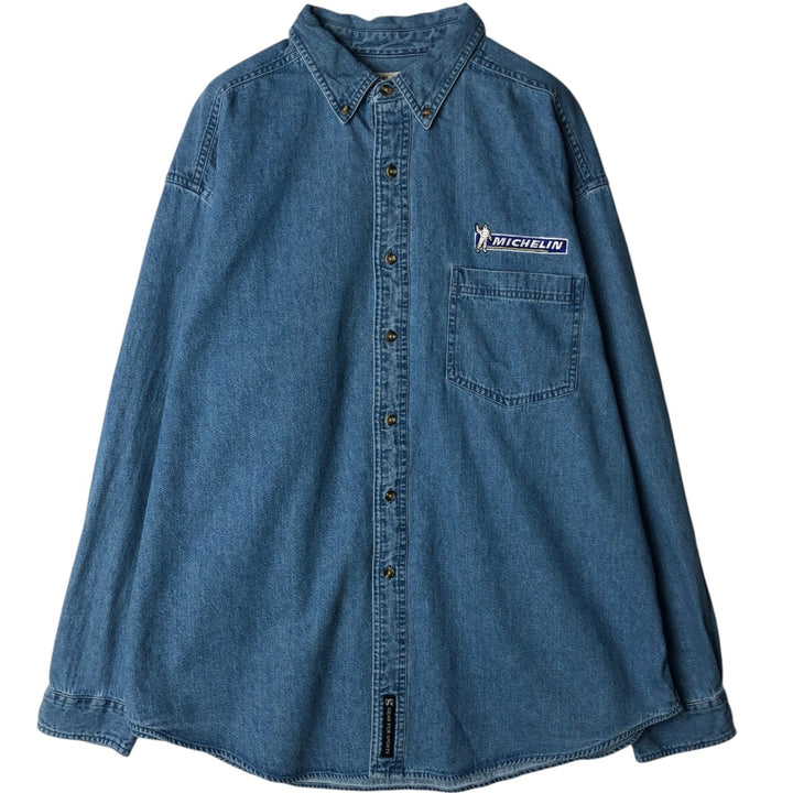 GEAR MICHELIN Long-Sleeve Button-Down Denim Shirt, Men's Size XL (approx.) cotton blue type Vintage Second Hand