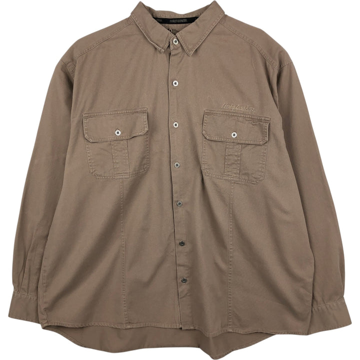 Big Size Harley-Davidson Long-Sleeve Button-Down Work Shirt (Men's XXXL equivalent) cotton beige type brown Vintage Second Hand