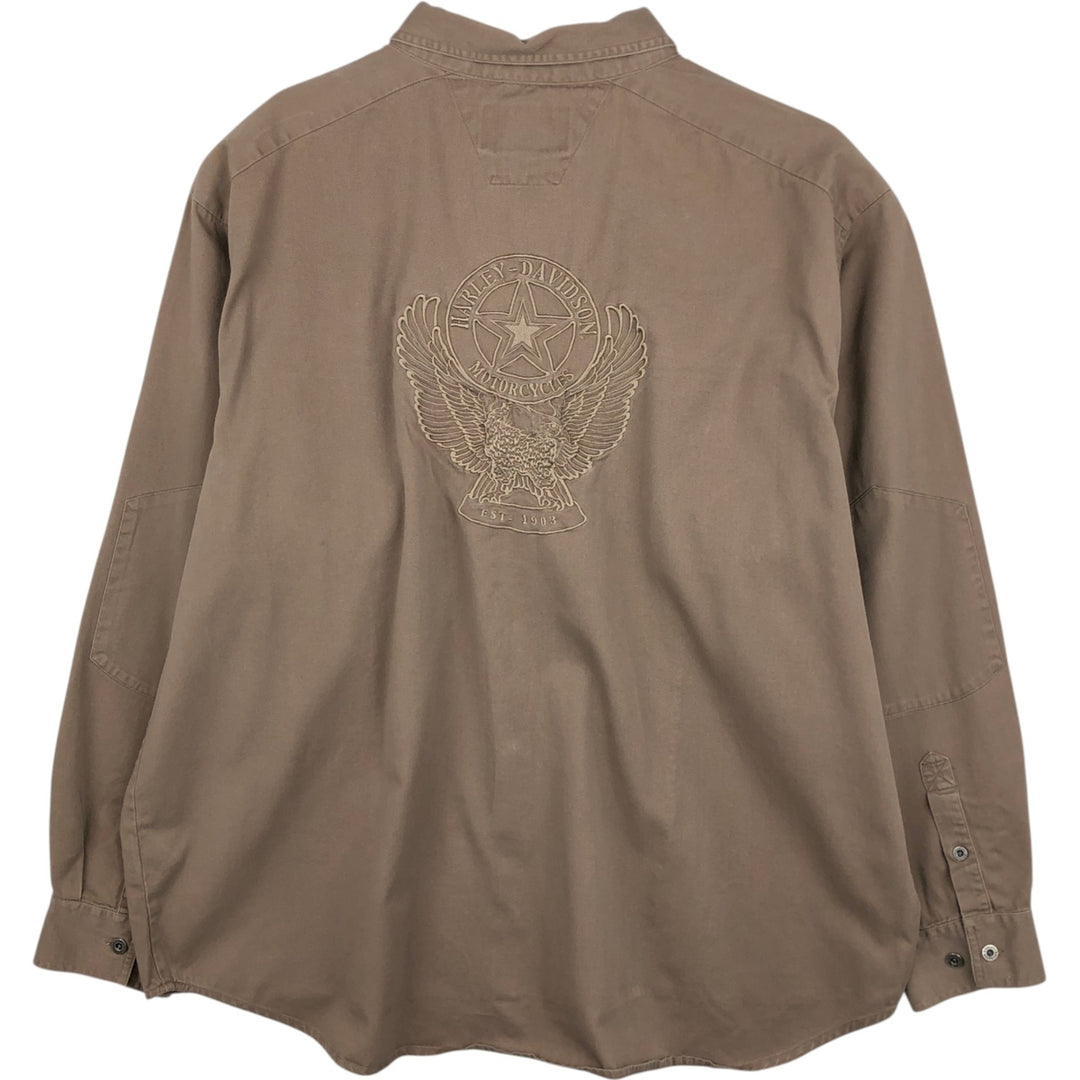 Big Size Harley-Davidson Long-Sleeve Button-Down Work Shirt (Men's XXXL equivalent) cotton beige type brown Vintage Second Hand