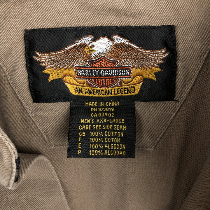 Big Size Harley-Davidson Long-Sleeve Button-Down Work Shirt (Men's XXXL equivalent) cotton beige type brown Vintage Second Hand