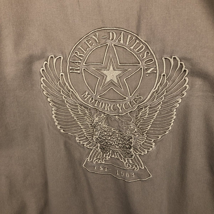 Big Size Harley-Davidson Long-Sleeve Button-Down Work Shirt (Men's XXXL equivalent) cotton beige type brown Vintage Second Hand