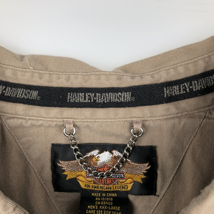 Big Size Harley-Davidson Long-Sleeve Button-Down Work Shirt (Men's XXXL equivalent) cotton beige type brown Vintage Second Hand