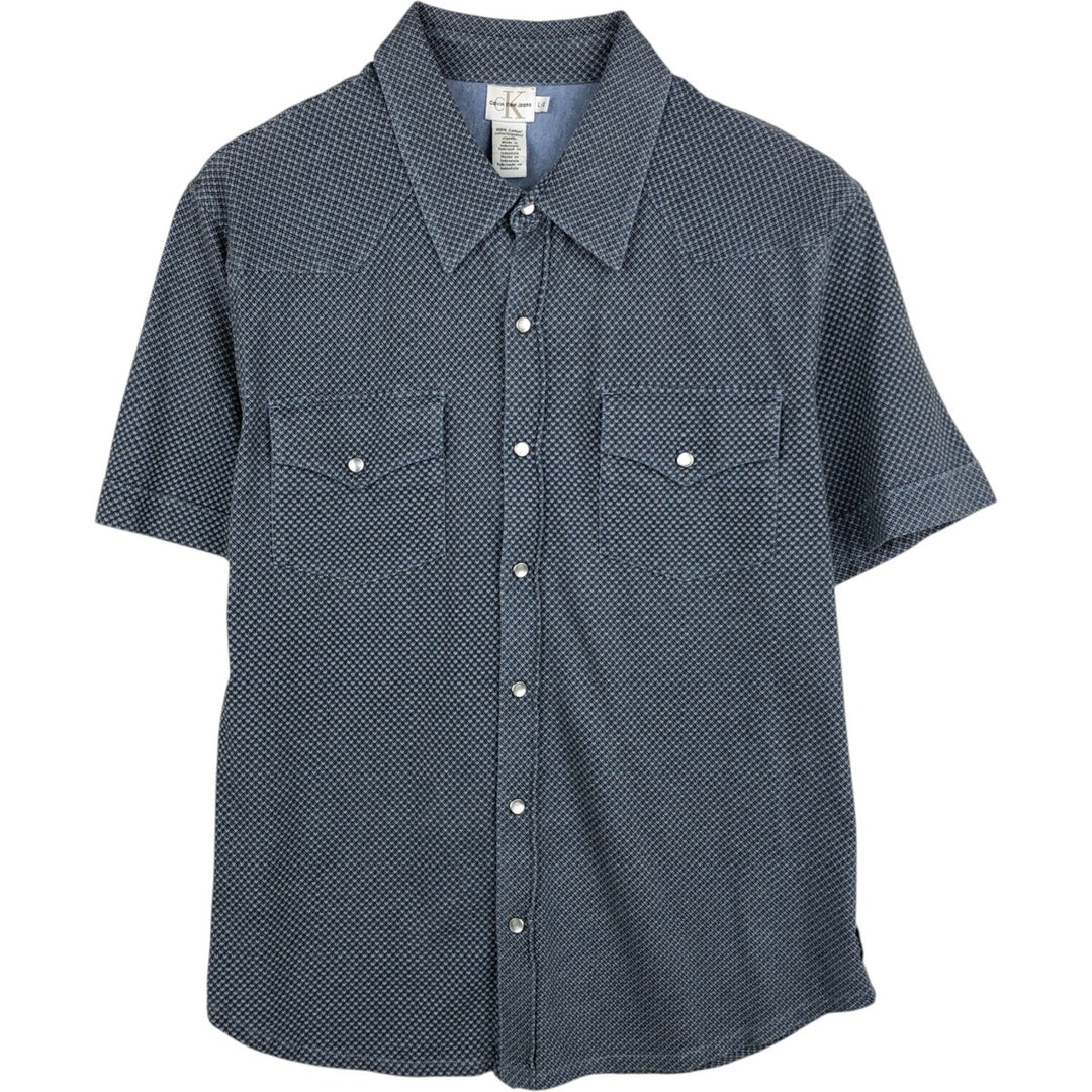 90s-00'S Calvin Klein Jeans all-over print short-sleeved Western shirt, men's size L (approx.) cotton Blue type light blue Vintage Second Hand