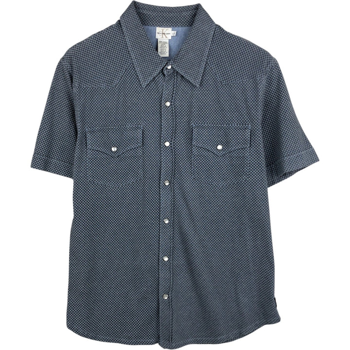 90s-00'S Calvin Klein Jeans all-over print short-sleeved Western shirt, men's size L (approx.) cotton Blue type light blue Vintage Second Hand
