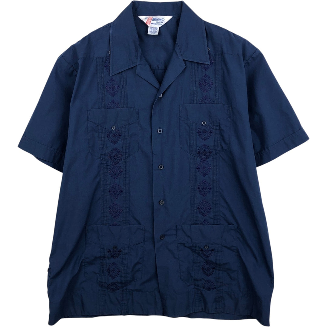 80s-90'S ROMANI Short-Sleeve Open-Collar Mexican Shirt / Cuban Shirt / Boxy Shirt / Men's Size L (Equivalent) Vintage polyester Navy blue Vintage Second Hand