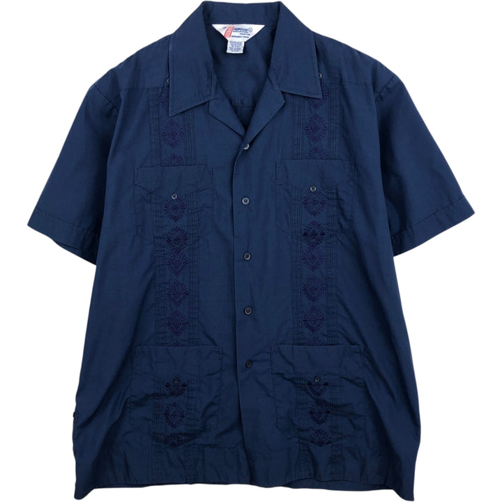 80s-90'S ROMANI Short-Sleeve Open-Collar Mexican Shirt / Cuban Shirt / Boxy Shirt / Men's Size L (Equivalent) Vintage polyester Navy blue Vintage Second Hand