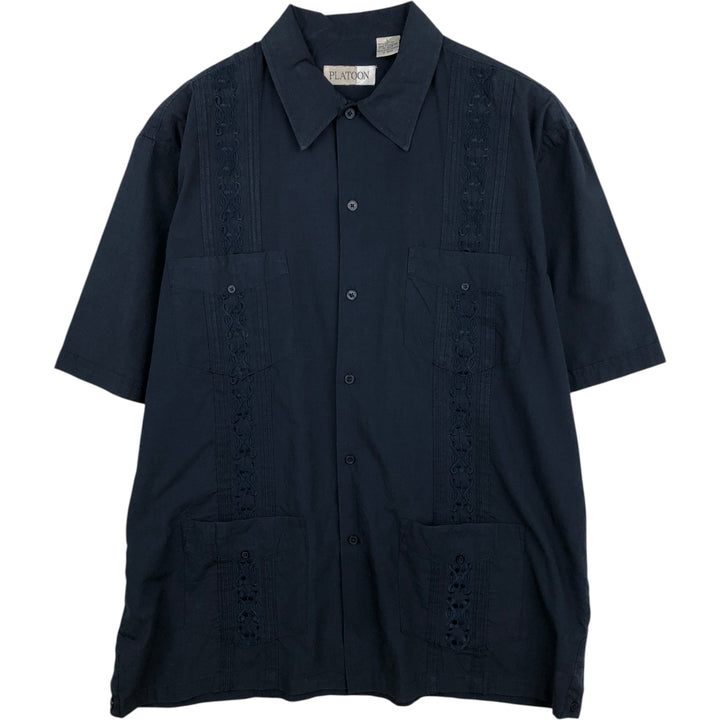 PLATOON Short-Sleeve Mexican Shirt, Cuban Shirt, Boxy Shirt, Men's Size L (approx.) cotton navy blue type Vintage Second Hand