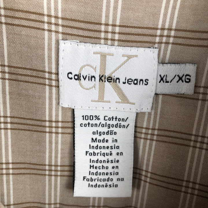 90s-00'S Calvin Klein Jeans Short-Sleeve Cotton Check Shirt, Boxy Shirt, Men's Size XL (Equivalent), Vintage cotton Beige type Vintage Second Hand