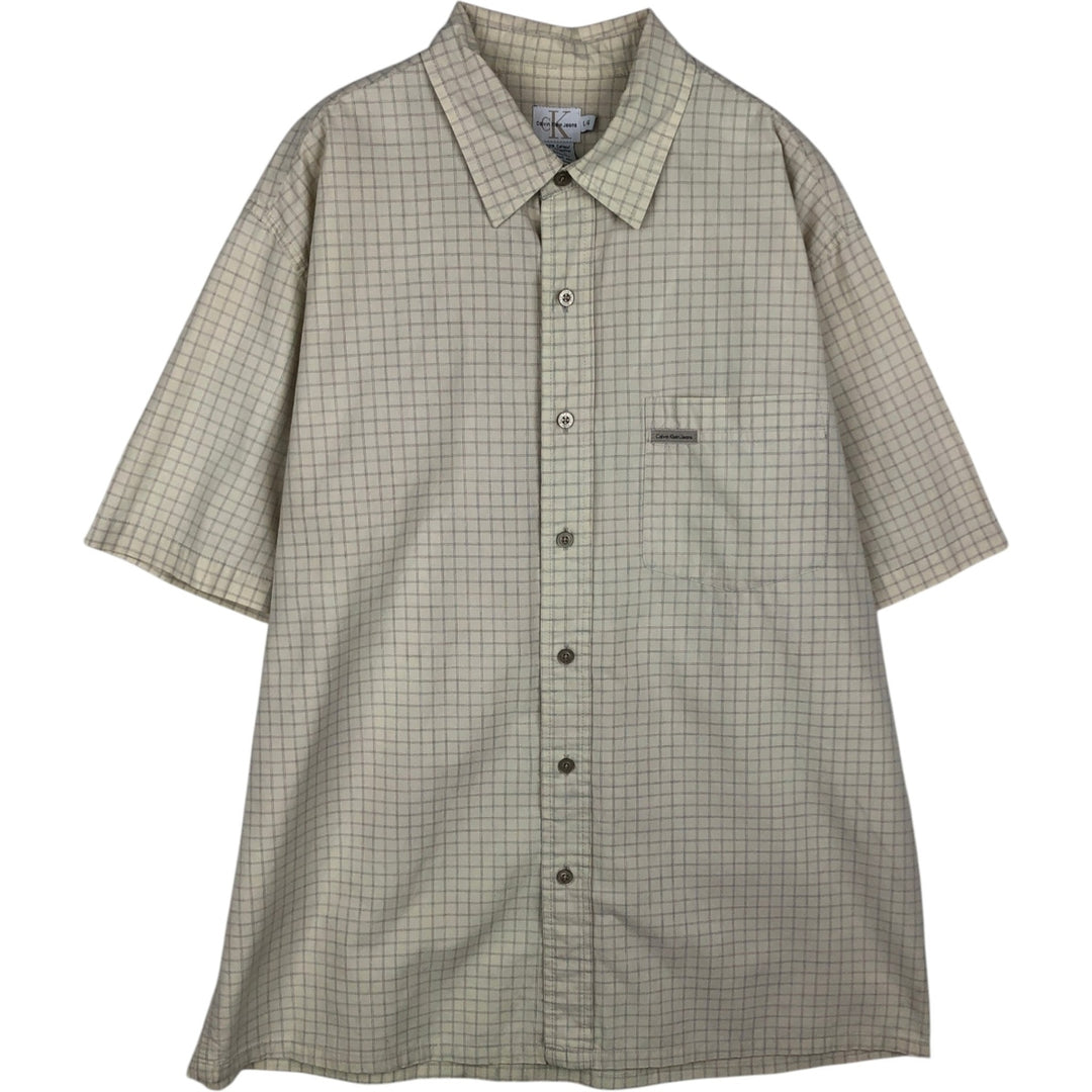 90s-00'S Calvin Klein Jeans Short-Sleeve Cotton Check Shirt, Boxy Shirt, Size L (Men's L equivalent), Vintage cotton ivory Vintage Second Hand