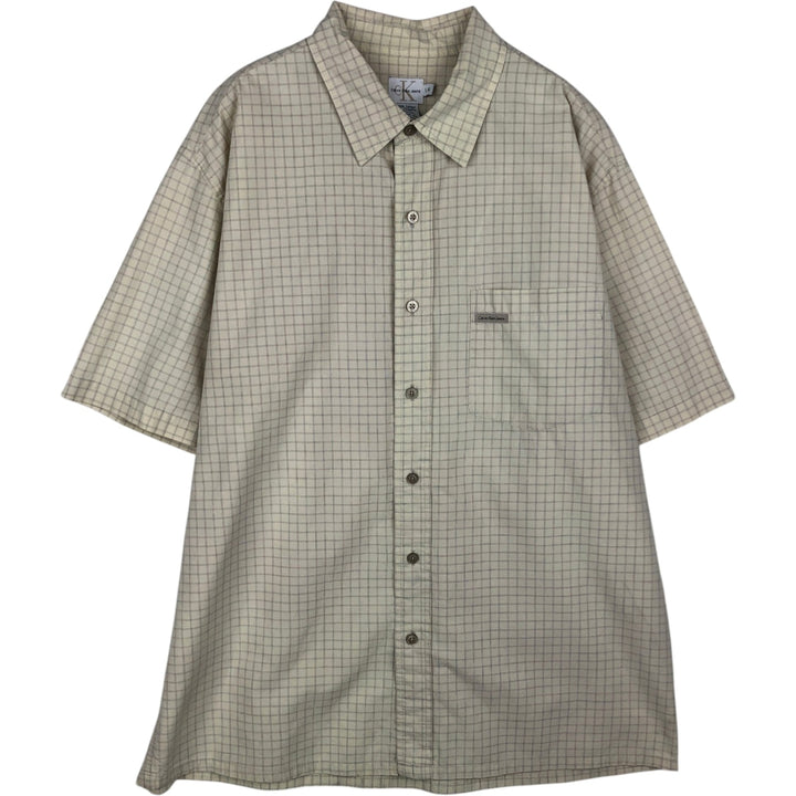 90s-00'S Calvin Klein Jeans Short-Sleeve Cotton Check Shirt, Boxy Shirt, Size L (Men's L equivalent), Vintage cotton ivory Vintage Second Hand