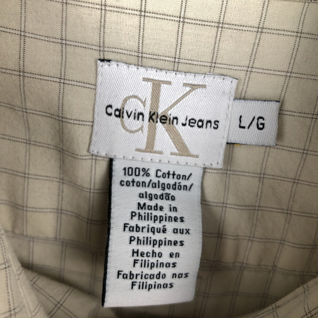 90s-00'S Calvin Klein Jeans Short-Sleeve Cotton Check Shirt, Boxy Shirt, Size L (Men's L equivalent), Vintage cotton ivory Vintage Second Hand