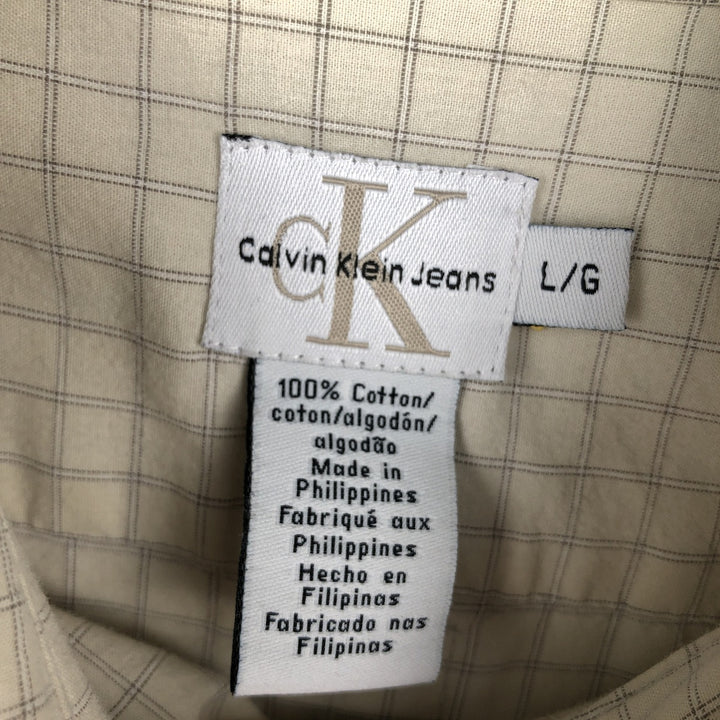 90s-00'S Calvin Klein Jeans Short-Sleeve Cotton Check Shirt, Boxy Shirt, Size L (Men's L equivalent), Vintage cotton ivory Vintage Second Hand