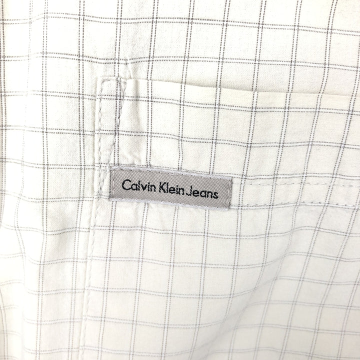 90s-00'S Calvin Klein Jeans Short-Sleeve Cotton Check Shirt, Boxy Shirt, Size L (Men's L equivalent), Vintage cotton ivory Vintage Second Hand