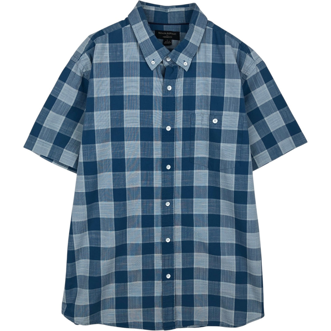 Banana Republic Standard Fit Short-Sleeve Button-Down Check Shirt, Men's Size L (approx.) cotton Blue type light blue Vintage Second Hand