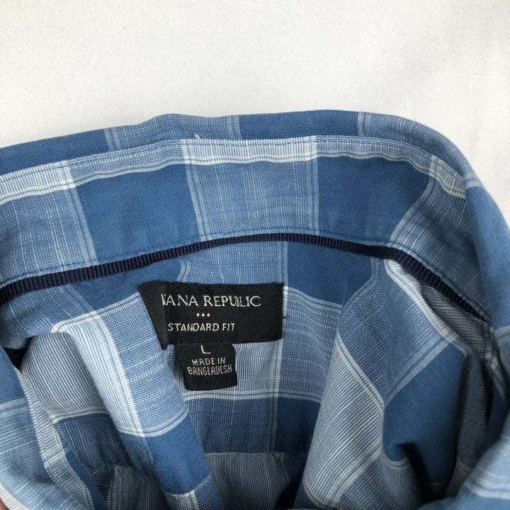 Banana Republic Standard Fit Short-Sleeve Button-Down Check Shirt, Men's Size L (approx.) cotton Blue type light blue Vintage Second Hand