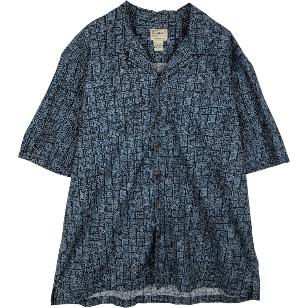 90s-00'S LL Bean Traditional Fit All-Over Print Short Sleeve Open Collar Cotton Box Shirt, Men's XL cotton navy blue type Vintage Second Hand