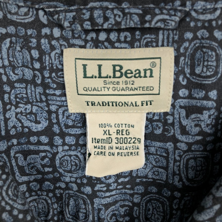 90s-00'S LL Bean Traditional Fit All-Over Print Short Sleeve Open Collar Cotton Box Shirt, Men's XL cotton navy blue type Vintage Second Hand