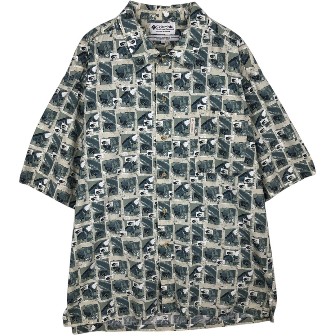 90s-00'S Columbia all-over print short-sleeved cotton shirt, boxy style, men's size L equivalent, vintage. cotton green type Vintage Second Hand