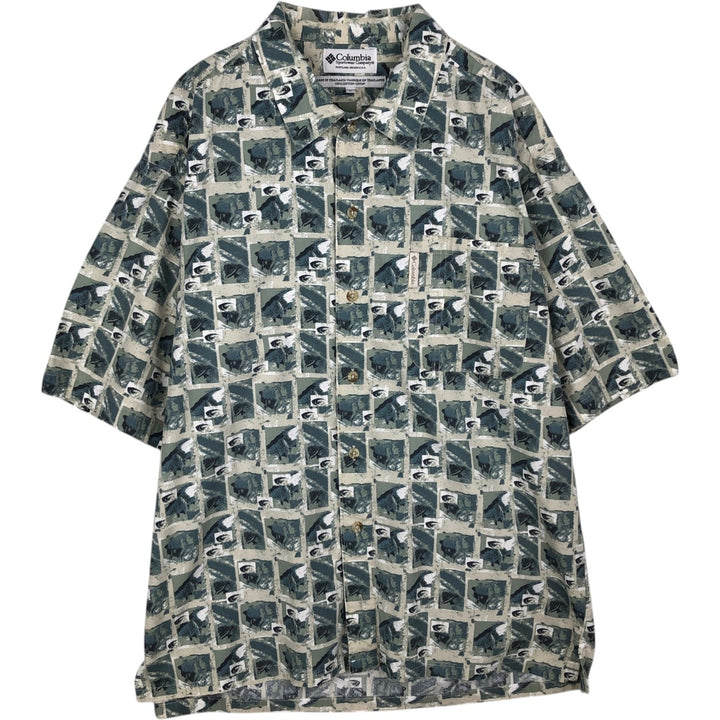 90s-00'S Columbia all-over print short-sleeved cotton shirt, boxy style, men's size L equivalent, vintage. cotton green type Vintage Second Hand