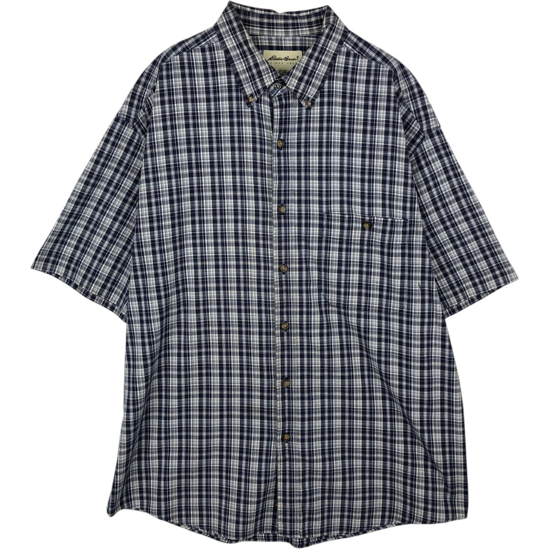 Eddie Bauer short sleeve button down check shirt, men's XL size cotton navy blue type Vintage Second Hand