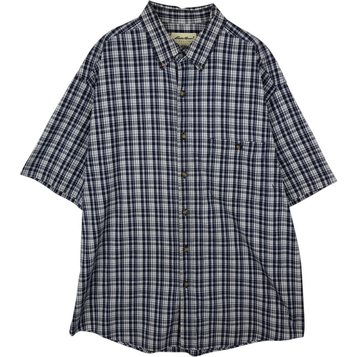Eddie Bauer short sleeve button down check shirt, men's XL size cotton navy blue type Vintage Second Hand